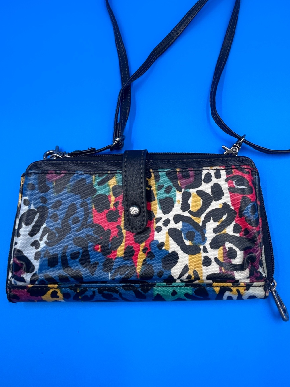 Sakroots Multicolor Leopard Print Crossbody Wallet with Black Trim
